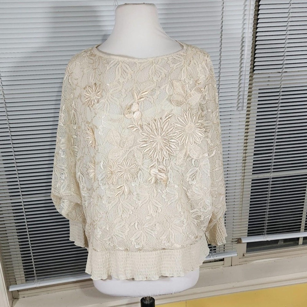 Vintage 80s Andree Gayle 15/16 $198 Cream Floral Embroidered Lace Dolman Blouse